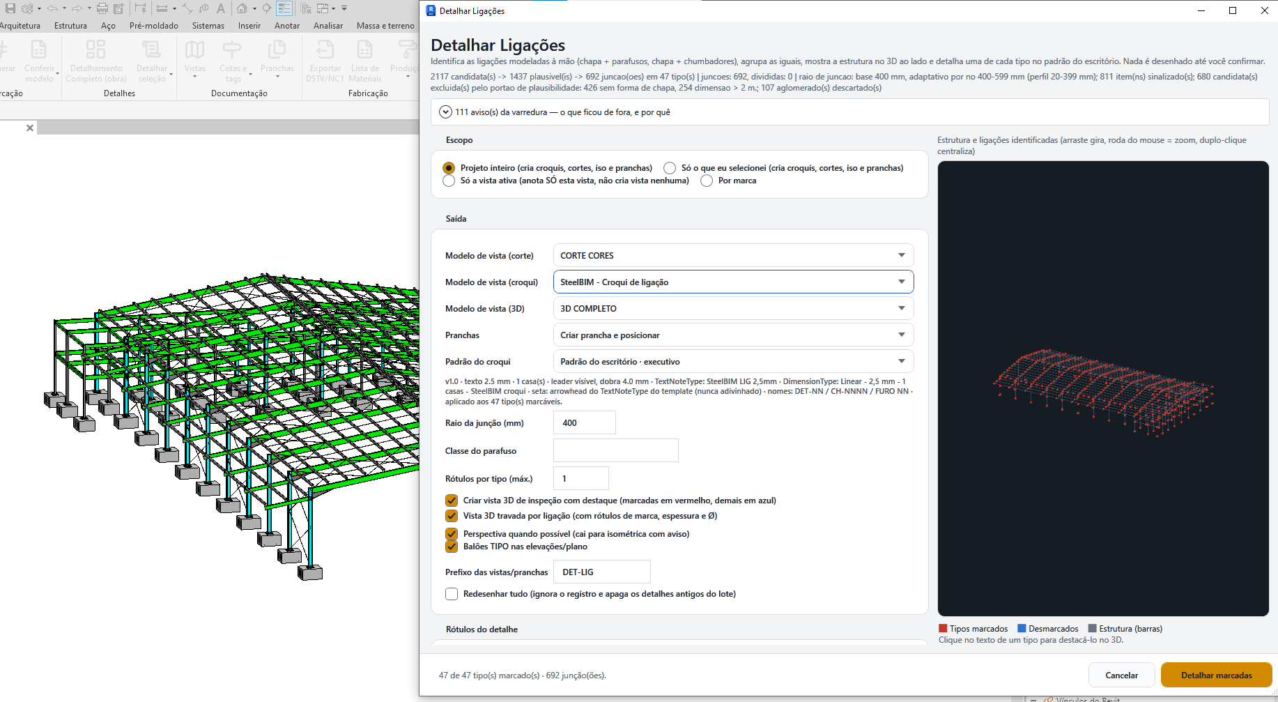 Detalhar Ligações no Revit, com estrutura, ligações identificadas e opções de vistas e pranchas