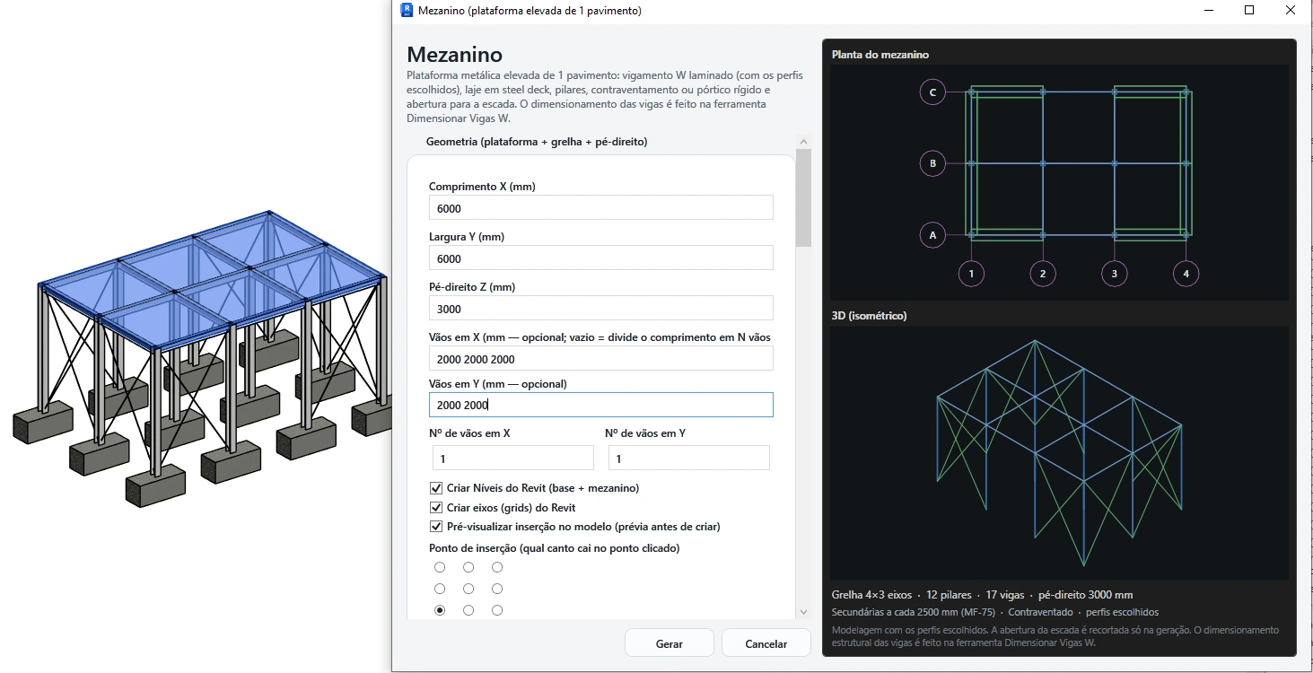 Janela de modelagem de mezanino no SteelBIM