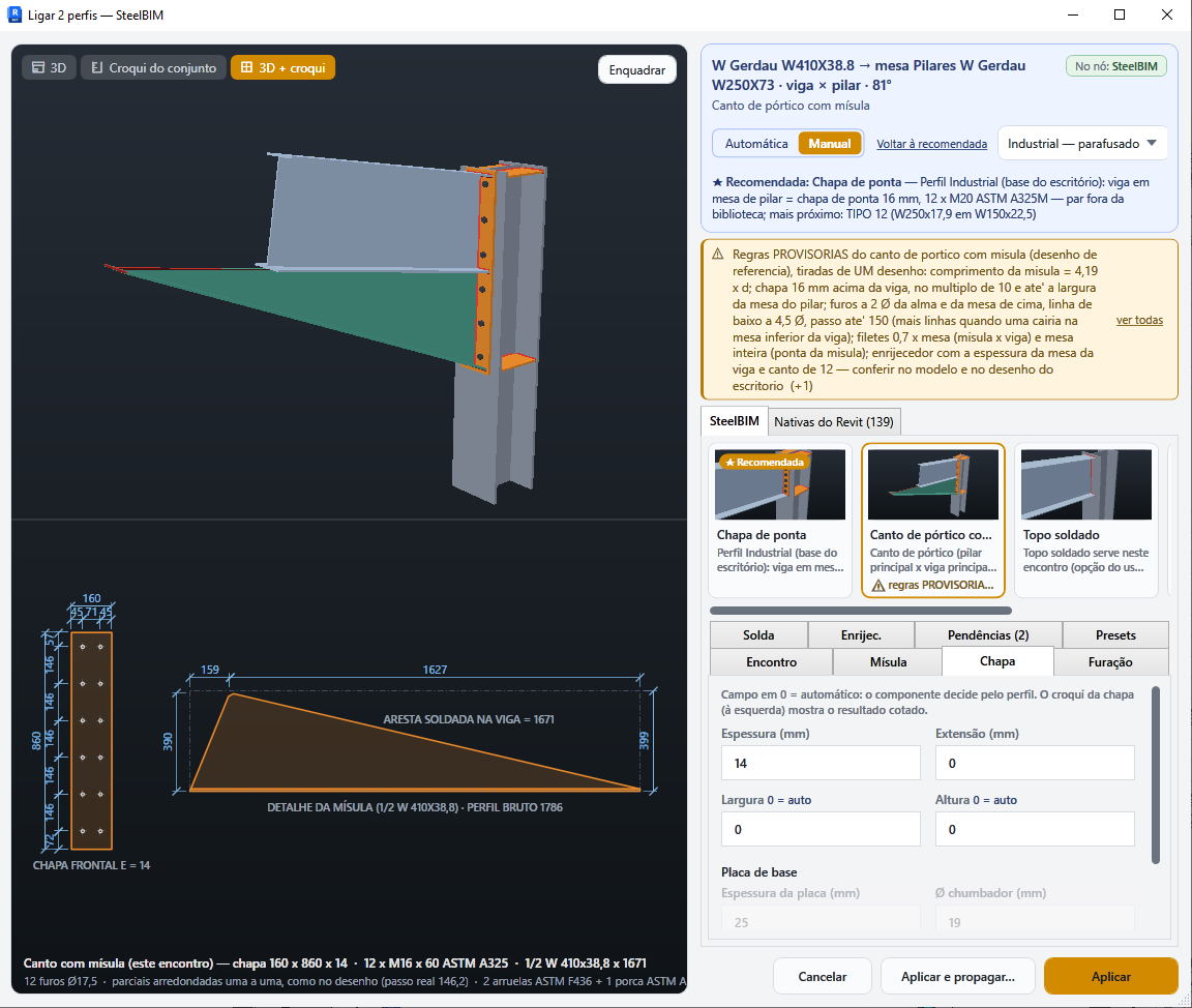 Motor de ligações SteelBIM com mísula, modelo 3D, croqui cotado e parâmetros